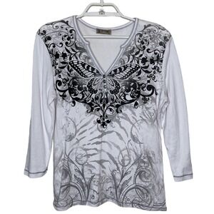 Vtg Blue Canyon Clothing Womens XL Butterfly Embellished Henley Top Y2K‎ Fairy